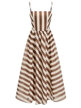 Commense Brown Cream Striped Cami Organza Maxi Dress Smocked Back Small NWT